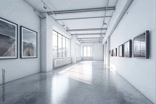 Interior of modern gallery with empty walls  concrete floor and paintings. Mock up