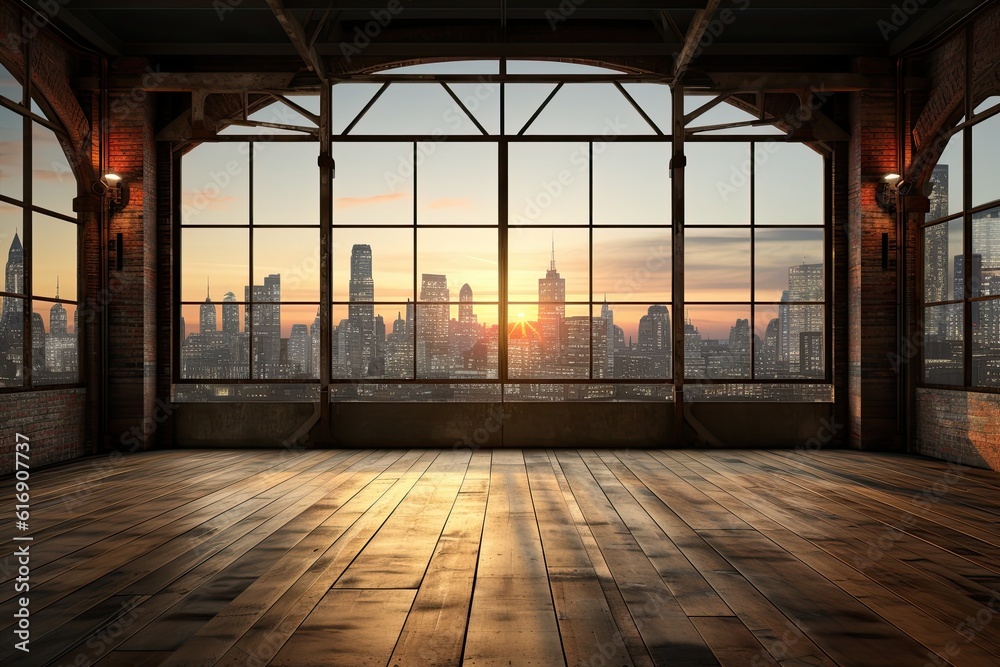 Interior of modern loft with wooden floor and panoramic city view Interior of modern loft with wooden floor and panoramic city view