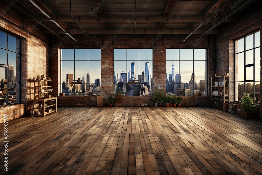 Interior of modern loft with wooden floor and panoramic city view