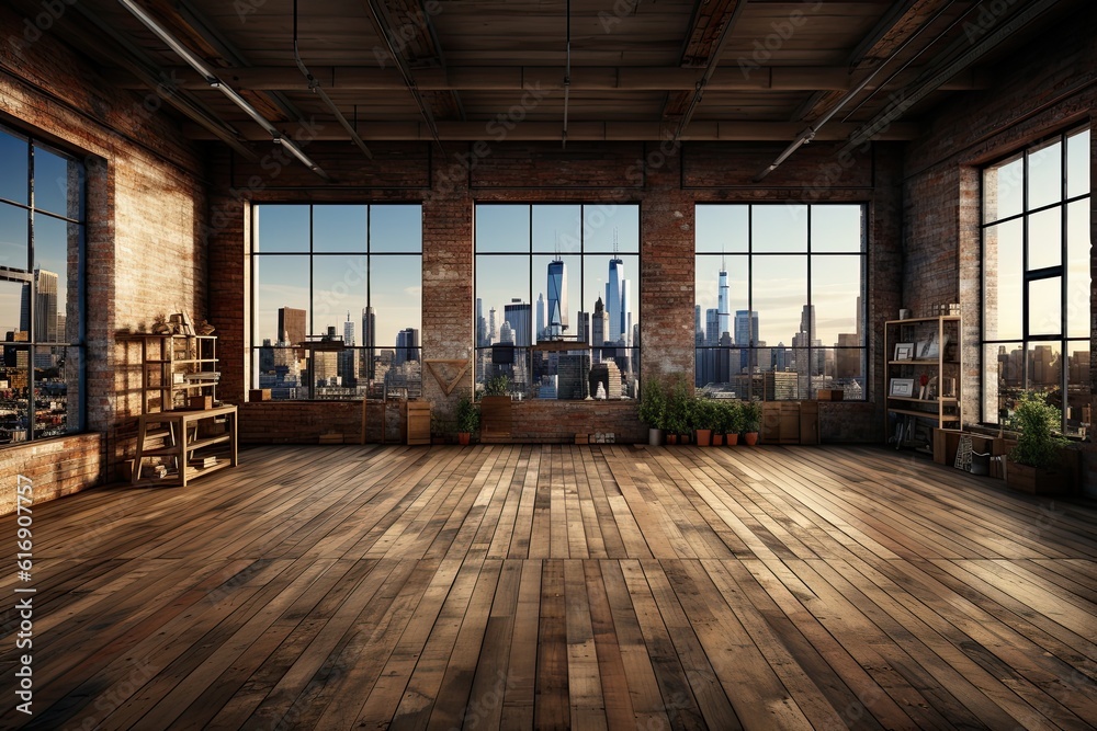 Interior of modern loft with wooden floor and panoramic city view Interior of modern loft with wooden floor and panoramic city view