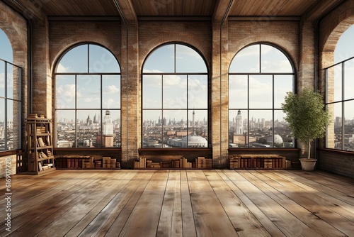 Interior of modern loft with wooden floor and panoramic city view