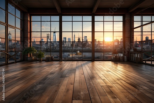 Interior of modern loft with wooden floor and panoramic city view