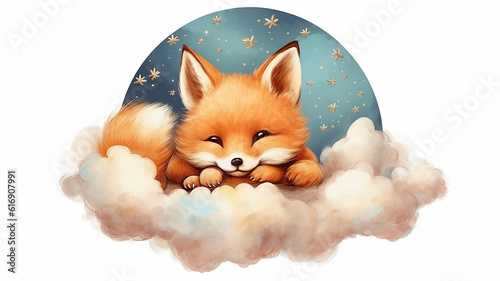 a fox cub sleeps on a cloud watercolor on a white background illustration of the little . Generative AI