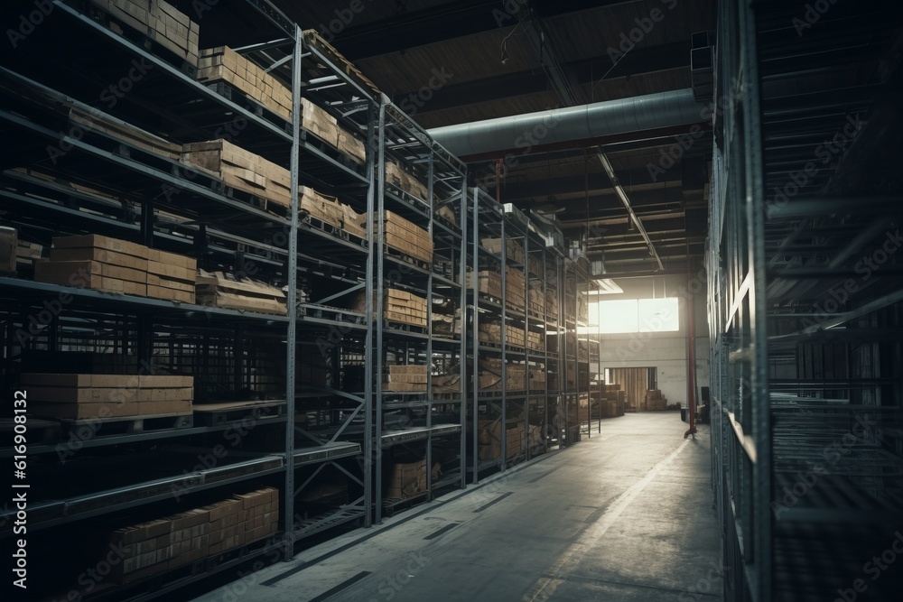 Industrial warehouse racks with boxes. Dark corridor. 