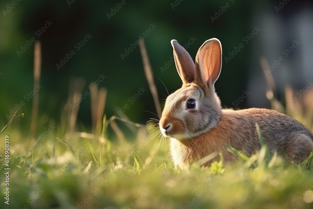 Image of brown rabbit resting on green pasture grass on summer. Wildlife Animals. Illustration. Generative AI.
