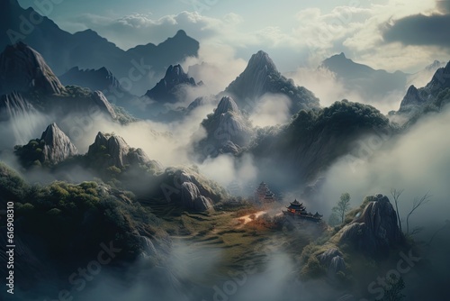 Mountain landscape with fog Generative Ai © Rahit