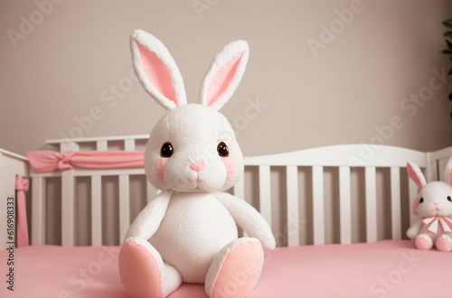 A toy of a white plush rabbit in the children s room. Generative AI.