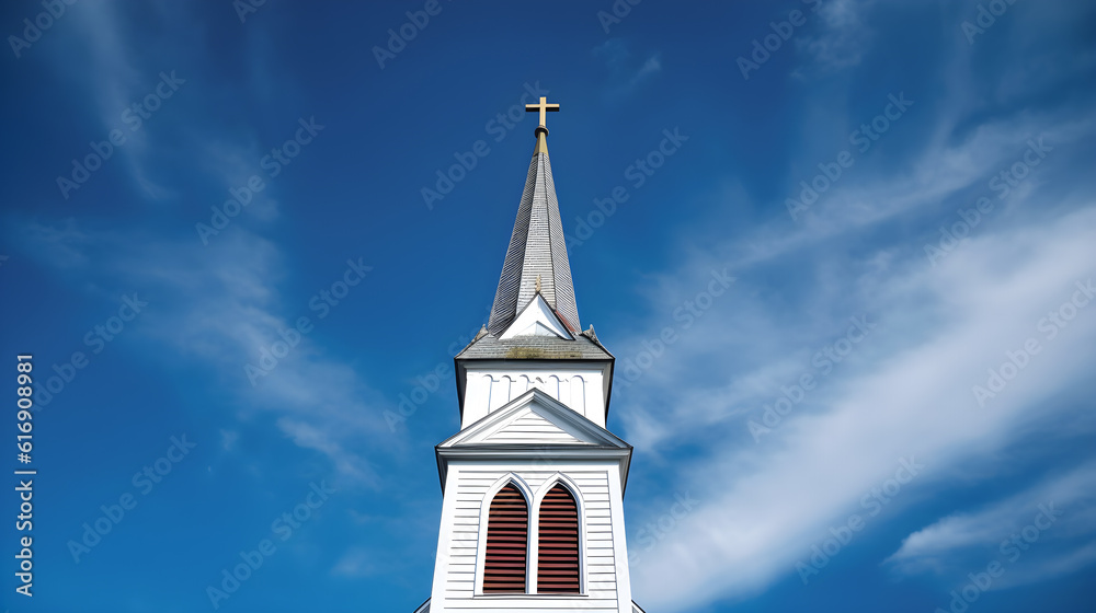 Top roof church steeple against blue sky created with Generative AI