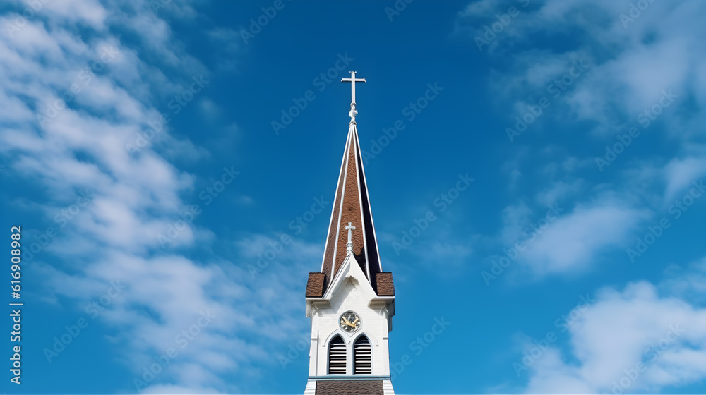 Top roof church steeple against blue sky created with Generative AI