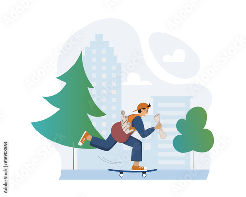 Postal delivery to residential and business addresses on eco transport. Boy with mailbag over shoulder and newspaper in hand riding on skateboard. Flat vector illustration