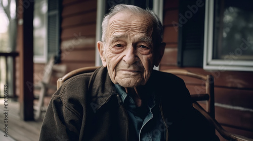 portrait of elderly sad man senior retired pensioner in chair on porch of house. Generative AI © alexkoral