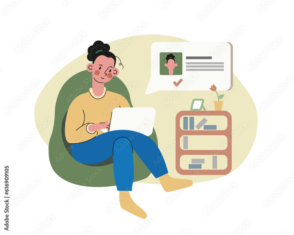 Cartoon character doing distant work in comfortable conditions. Young female freelancer typing on laptop at home. Remote job or online education. Communication with colleagues online. Vector