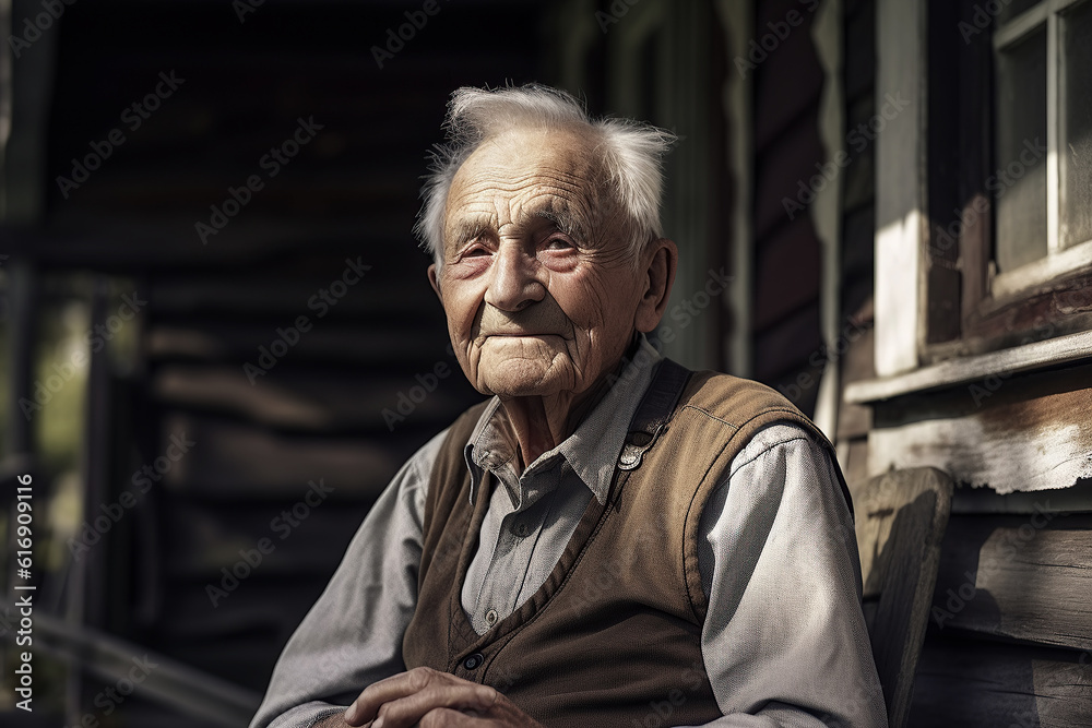elderly retired man is resting on retirement in chair on porch of a house in village. Generative AI