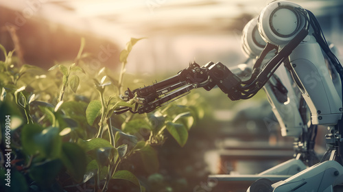 Robot hand in agriculture field created with Generative AI