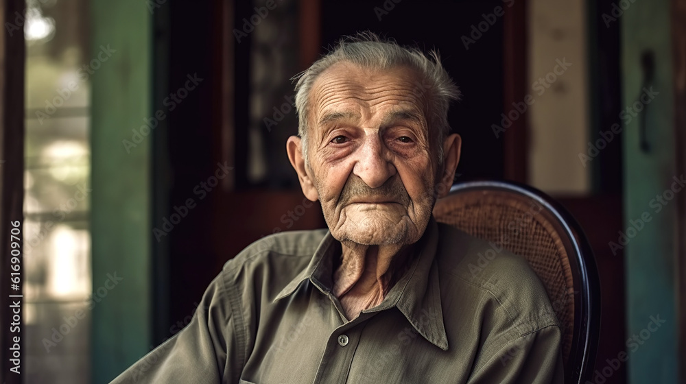 portrait of elderly sad man senior retired pensioner in chair on porch of house. Generative AI portrait of elderly sad man senior retired pensioner in chair on porch of house. Generative AI
