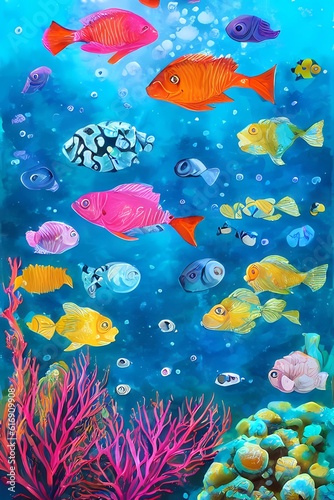 fish swimming in the aquarium watercolor painting, illustration, Ai generative © Rohit