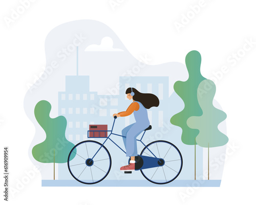 Environmentally friendly courier service. Girl in wireless headphones carrying food parcel in pannier rack fitted to front of bike. Flat vector illustration
