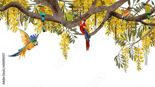 Mimosa tree with Birds watercolor painting