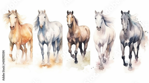 Collection of running horses on a white background watercolor drawing. Generative AI