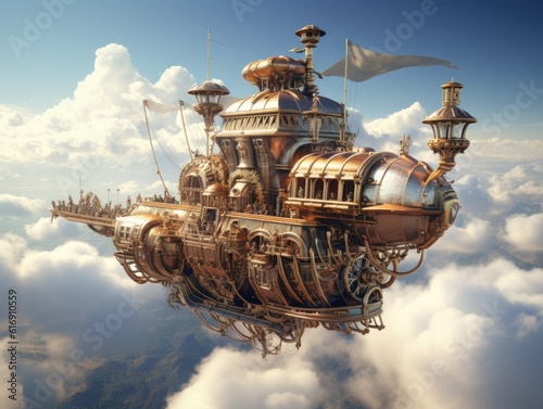  intricate steampunk airship soaring through the clouds Generative Al