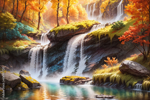 Nature landscape waterfall background, painting, Generative AI illustrations © Nengah