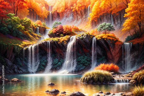 Nature landscape waterfall background, painting, Generative AI illustrations