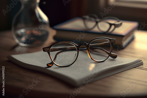 Eyeglasses on the table. Blurry background. Vision concept. Generative AI