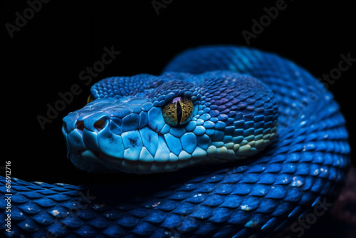 Close up detailed portrait ofblue vipet snake in nature. AI generated.