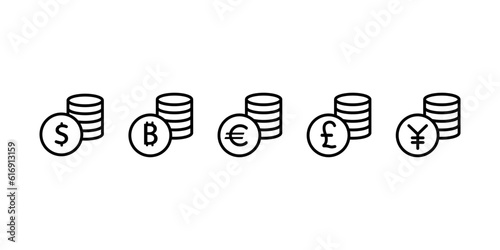 Stacks of coins vector icon set. euro, dollar, yen, yuan, pound coins.