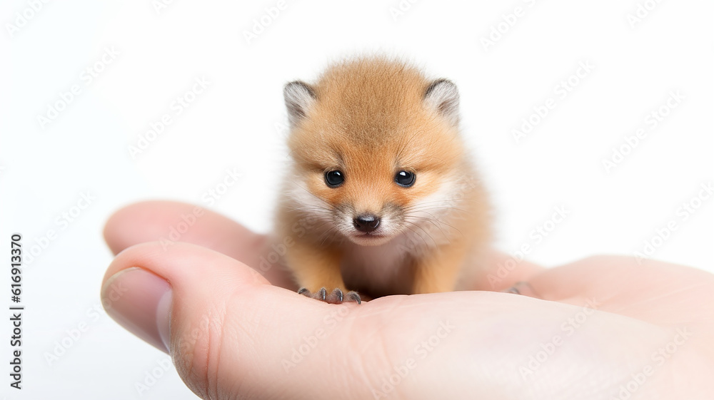 the smallest fox in the palm of your hand. Generative AI. the concept of nature protection on a white background