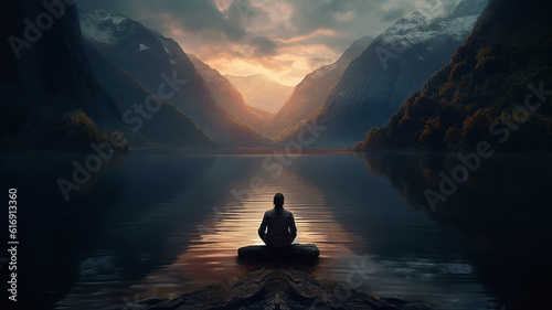 lonely man water landscape loneliness. Generative AI © kichigin19