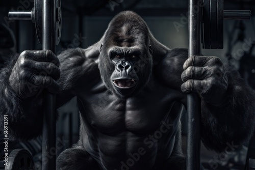 Gorilla working out in gym with heavy weights