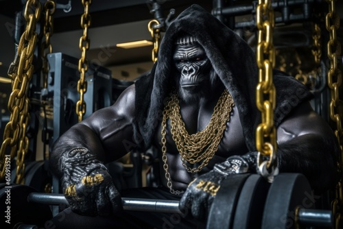 Gorilla working out in gym with heavy weights