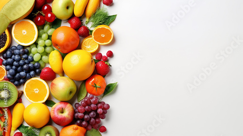 different colored fruits row on white background. Generative AI