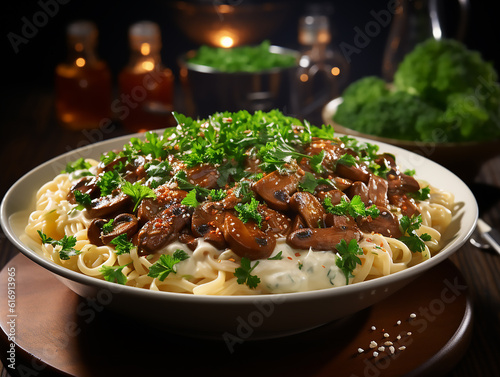 Beef Stroganoff in white plate