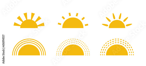 Yellow half sun icons set in flat style. Sunset simple graphic symbols. Summer heat icons. Half round solar element. Vector illustration isolated on white background.
