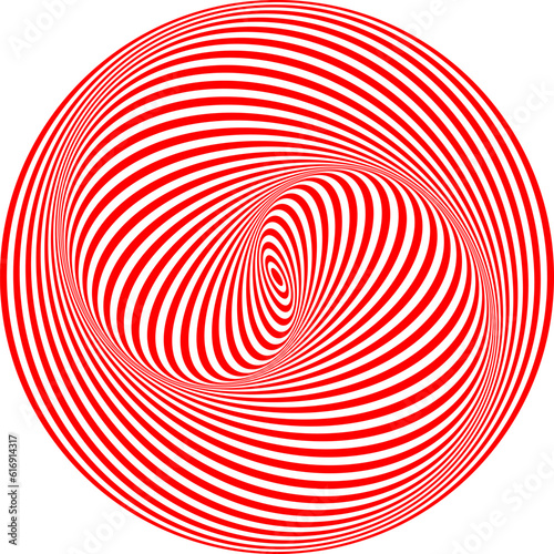 3d red optical illusion wavy spiral circle isolated on white background. Op art wave circular swirl logo vector illustration. Hypnotic wormhole tunnel.