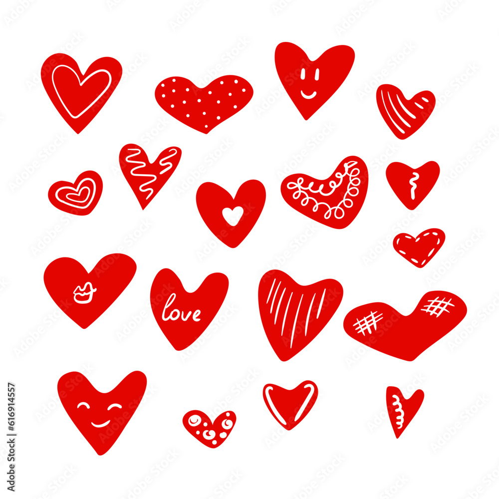 Heart hand drawn icons set isolated on white background. For poster, wallpaper and Valentine s day. Collection of hearts, creative art. Hand drawn heart element vector