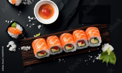 Sushi Advertising Background For Social Media Post, Japanese Sushi Roll with Salmons. Generative Ai