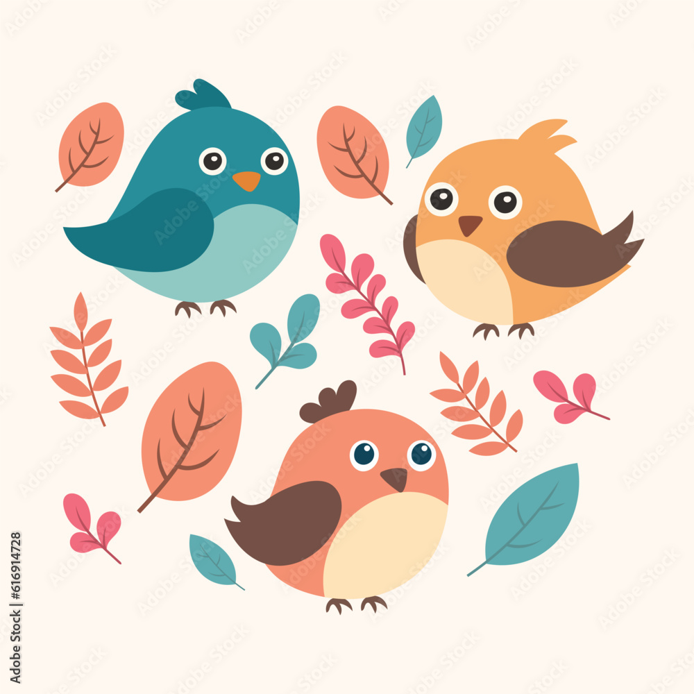 Set of cute vector birds with flowers and leaves. cartoon illustration in childish style.