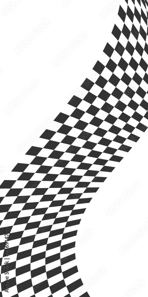 Vertical waving race flag or chessboard background. Motocross or chess competition wallpaper. Checkered winding texture. Warped black and white squares pattern Vertical waving race flag or chessboard background. Motocross or chess competition wallpaper. Checkered winding texture. Warped black and white squares pattern