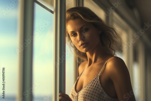 Close up of a young woman contemplating a summer scene from her window. Generative AI