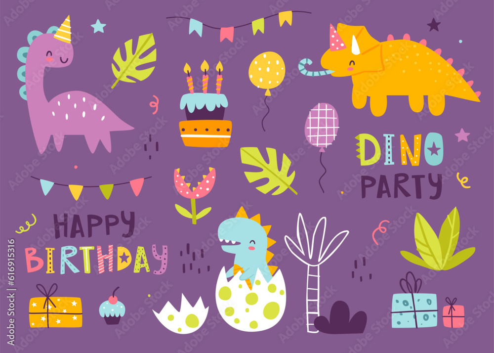 Fototapeta premium Dino birthday party set. Purple doodle dinosaurs celebration collection. Stickers bundle with festive dino and decoration.