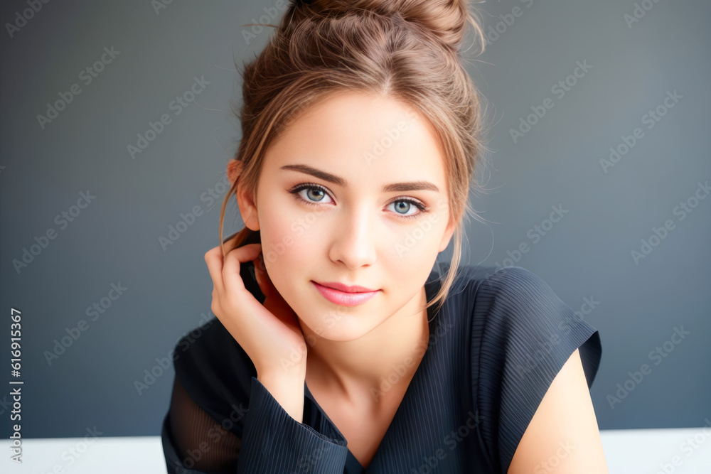 Portrait of a stunning young woman sitting in a class. Back to School concept. Generative AI Portrait of a stunning young woman sitting in a class. Back to School concept. Generative AI