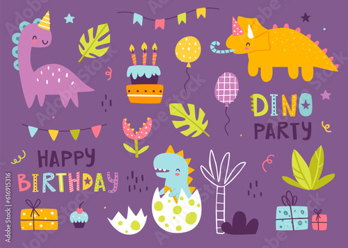 Dino birthday party set. Purple doodle dinosaurs celebration collection. Stickers bundle with festive dino and decoration.