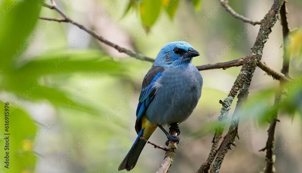 Views from a distance and up close and personal of a vibrant Blue Grey Tanager perched on a tree
