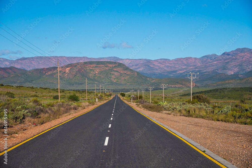 lange gerade Straße in der Halbwüste Karoo