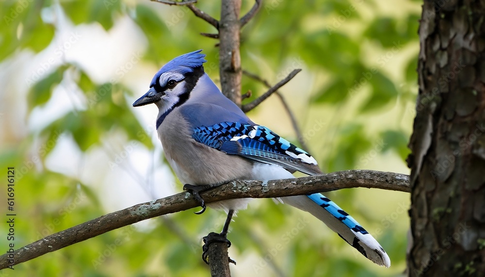 A wide angle and close up front view of a colorful Blue Jay sitting on a tree A wide angle and close up front view of a colorful Blue Jay sitting on a tree