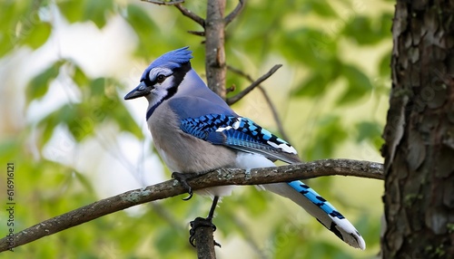 A wide angle and close up front view of a colorful Blue Jay sitting on a tree