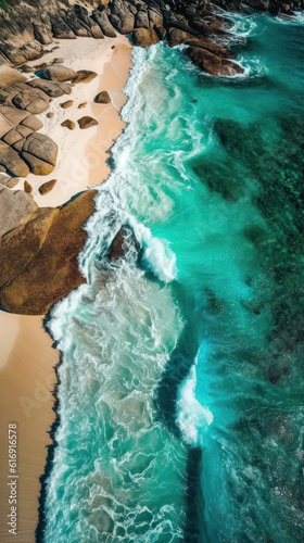 Top view on coast waves on beach aerial view, Stunning sunny tropical island shore. Seaside, idyllic nature Earth view. Vertical wallpaper. Generative AI illustration